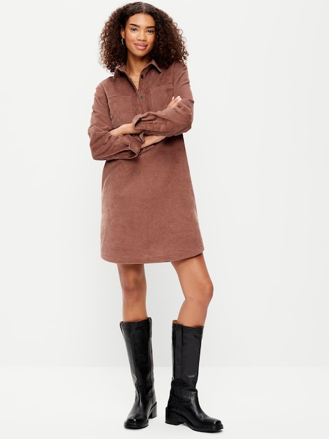 Long-Sleeve Button-Down Mini Shirt Dress