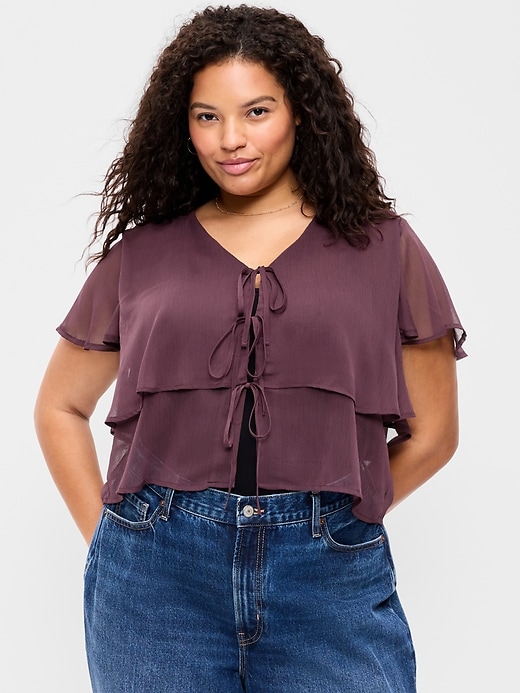 Image number 7 showing, Chiffon Tie-Front Flutter-Sleeve Top