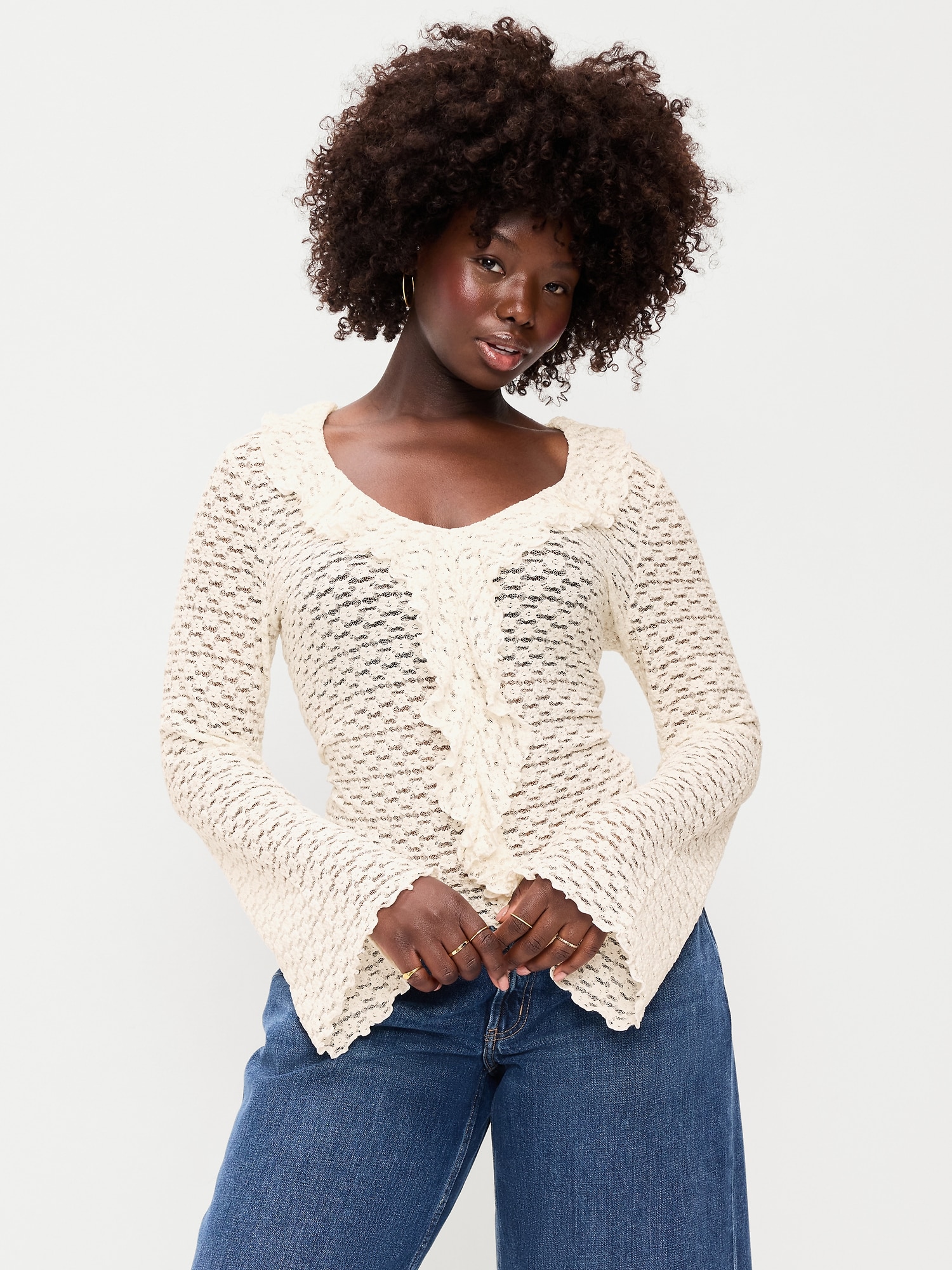 Fitted Bell-Sleeve Ruffle Top