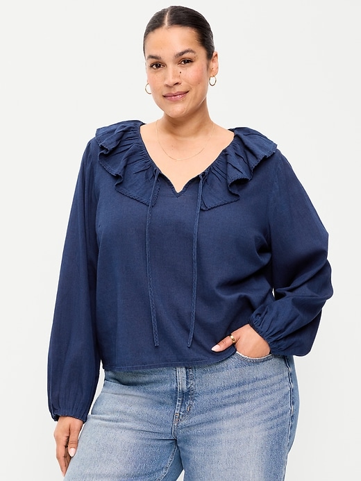 Image number 7 showing, Long-Sleeve Ruffle Tie-Neck Top