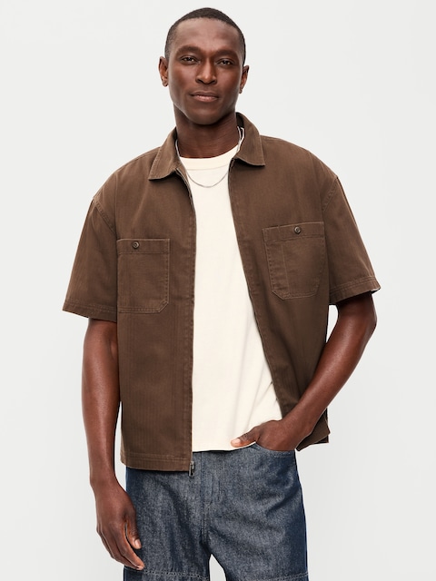 Loose Full-Zip Herringbone Workwear Shirt