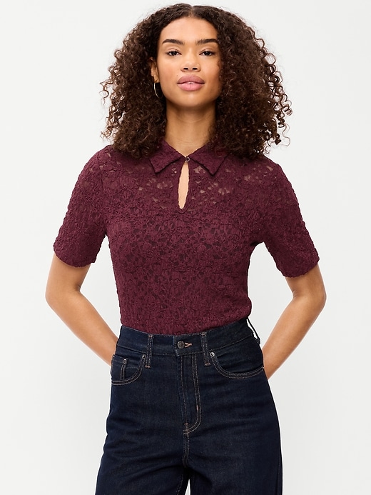 Image number 1 showing, Lace Keyhole Polo Top