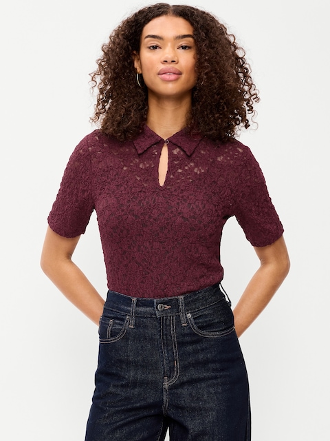 Lace Keyhole Polo Top