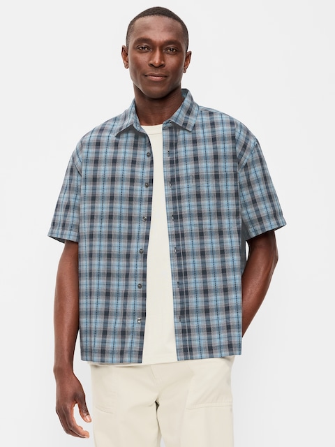 Loose Fit Textured Plaid Pocket Shirt