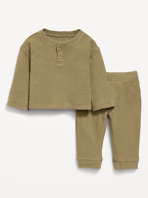 Image number 1 showing, Long-Sleeve Waffle-Knit Henley Top and Pants Set for Baby