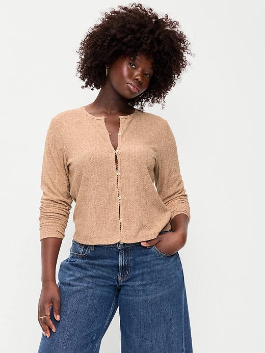 Image number 3 showing, Long-Sleeve Button-Front Pointelle Top