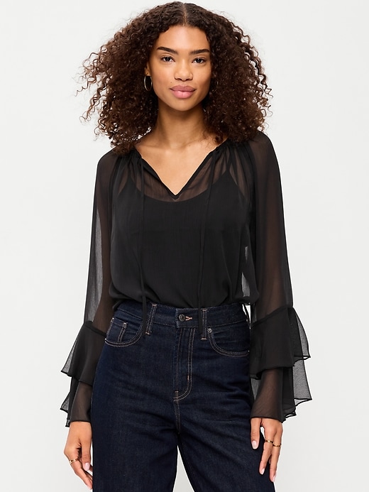 Image number 1 showing, Drapey Chiffon Bell-Sleeve Top