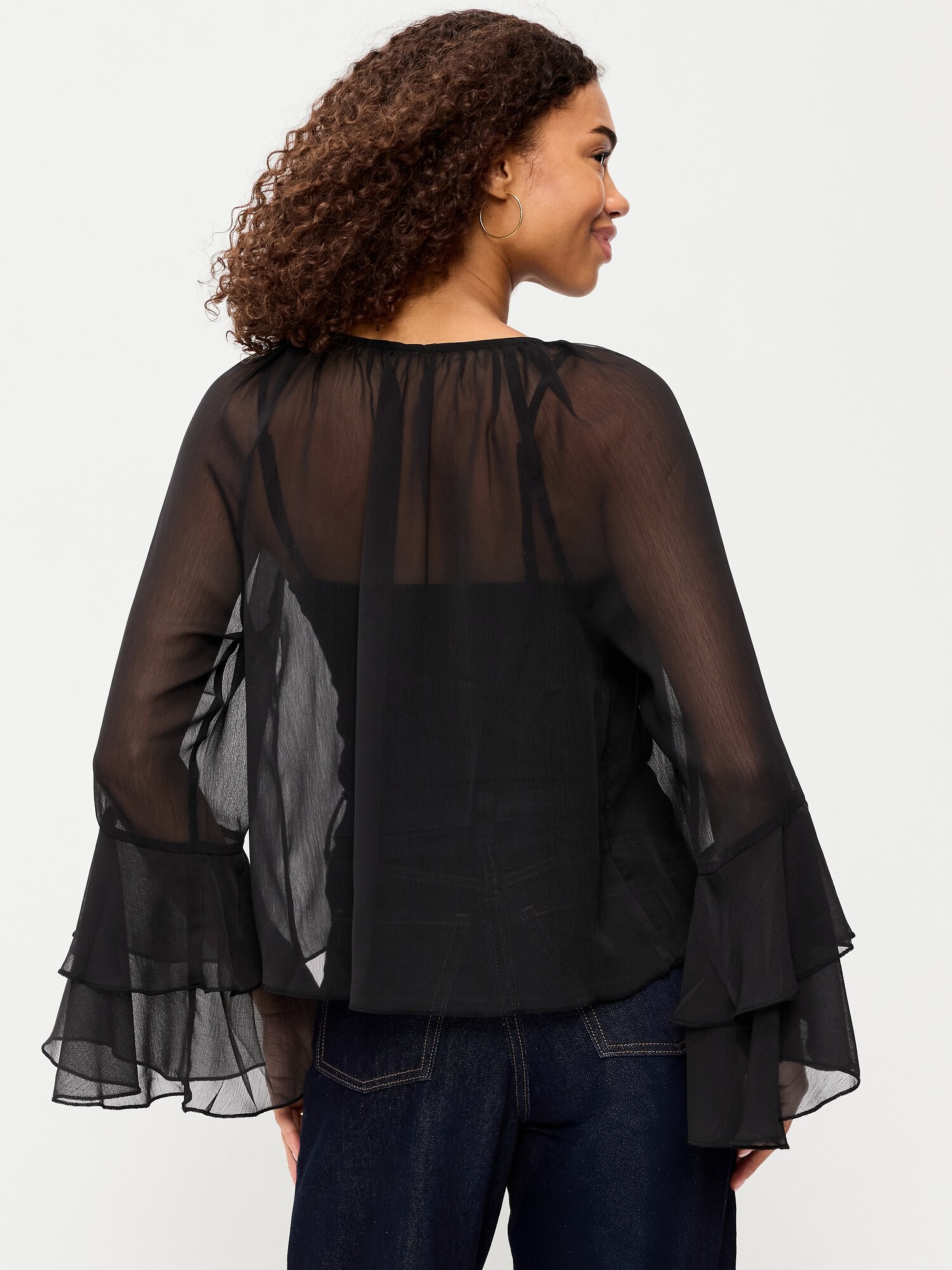 Женский топ Old Navy Sheer Chiffon Bell-Sleeve Top, цвет: Чёрный — фото 2