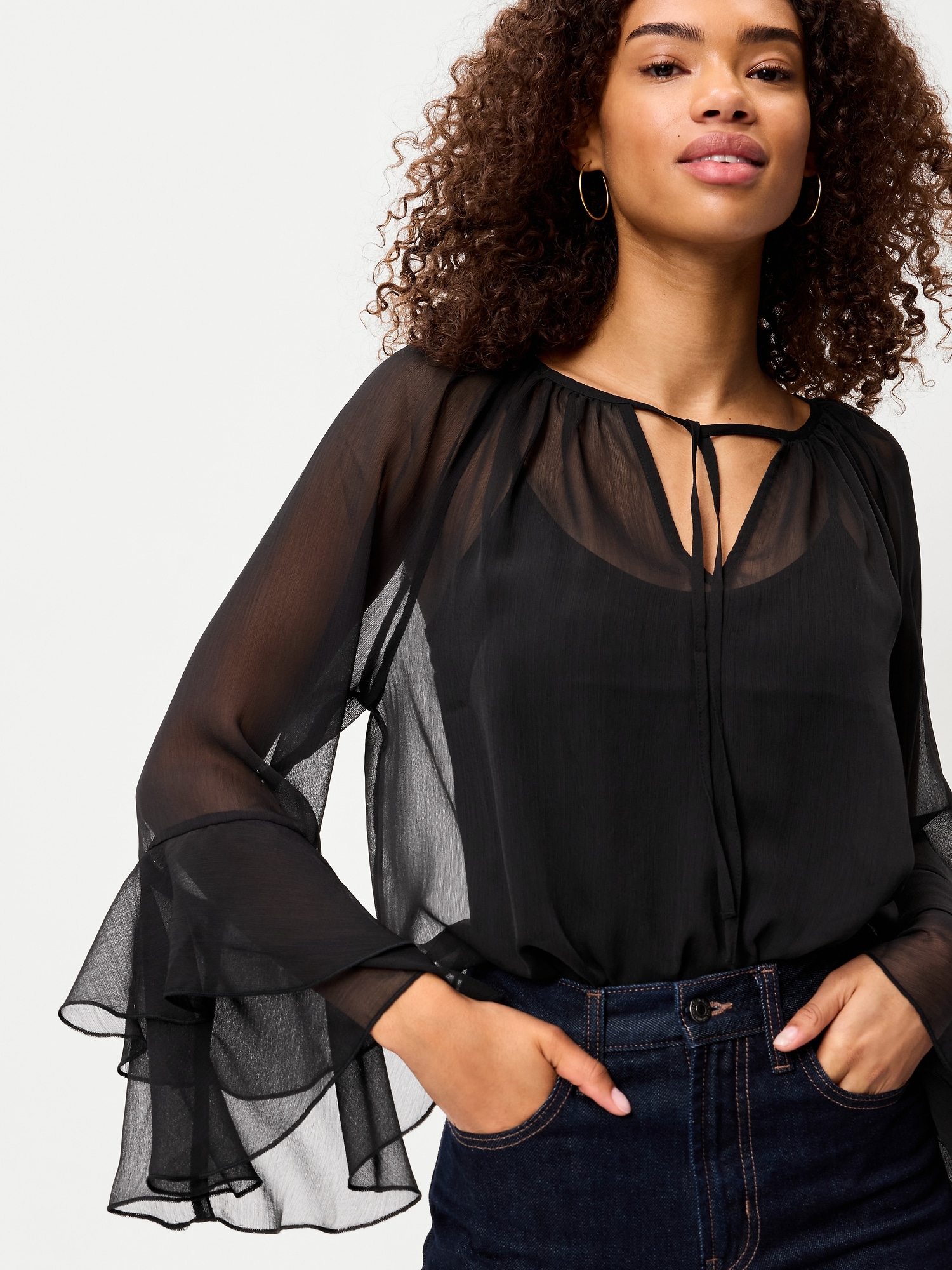 Drapey Chiffon Bell-Sleeve Top
