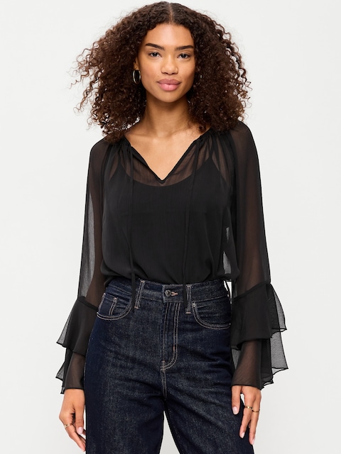 Sheer Chiffon Bell-Sleeve Top