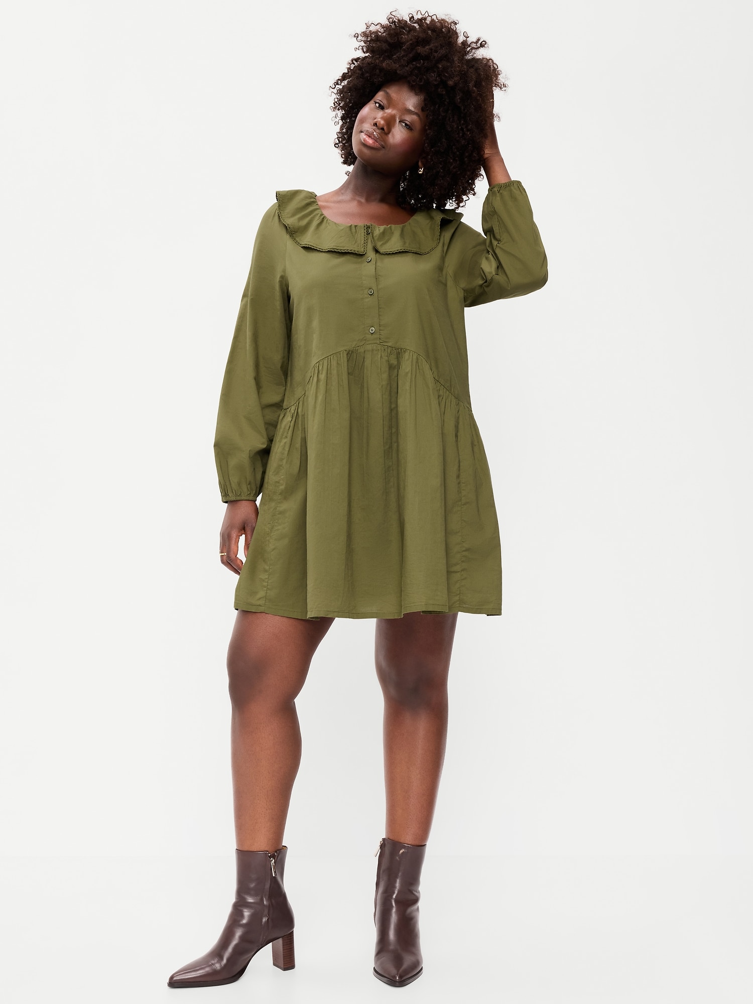 Long-Sleeve Ruffle-Collar Swing Mini Dress