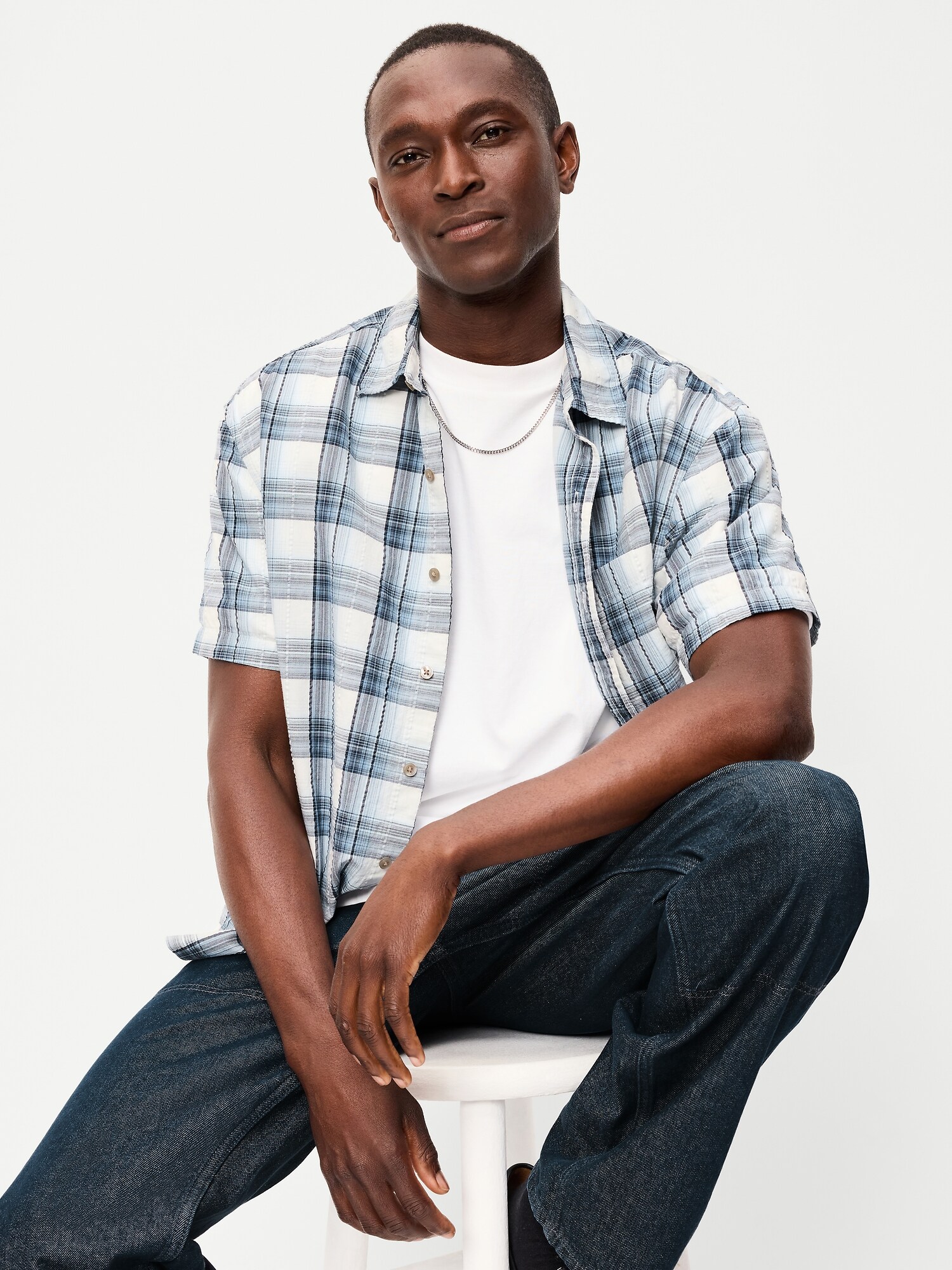 Мужская рубашка Old Navy Loose Fit Textured Plaid Pocket, цвет: Синий клетчатый — фото 3