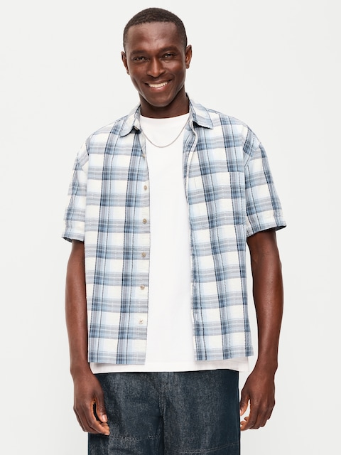 Loose Fit Textured Plaid Pocket Shirt