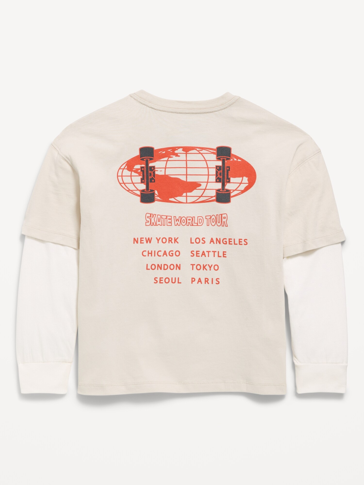 Футболка Old Navy Oversized Long-Sleeve 2-In-1 Graphic T-Shirt для мальчиков, цвет: Костяной — фото 2