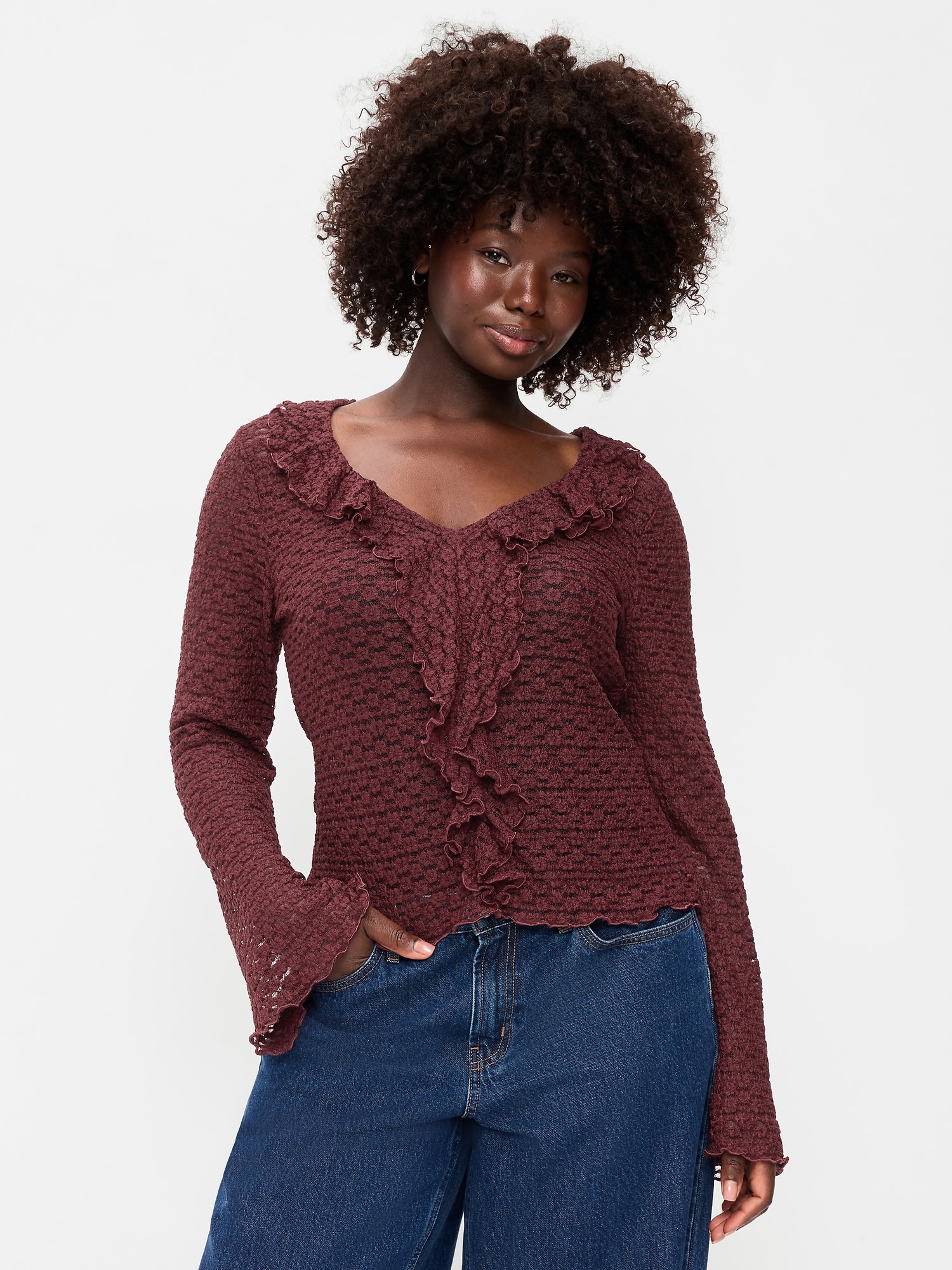 Fitted Bell-Sleeve Ruffle Top