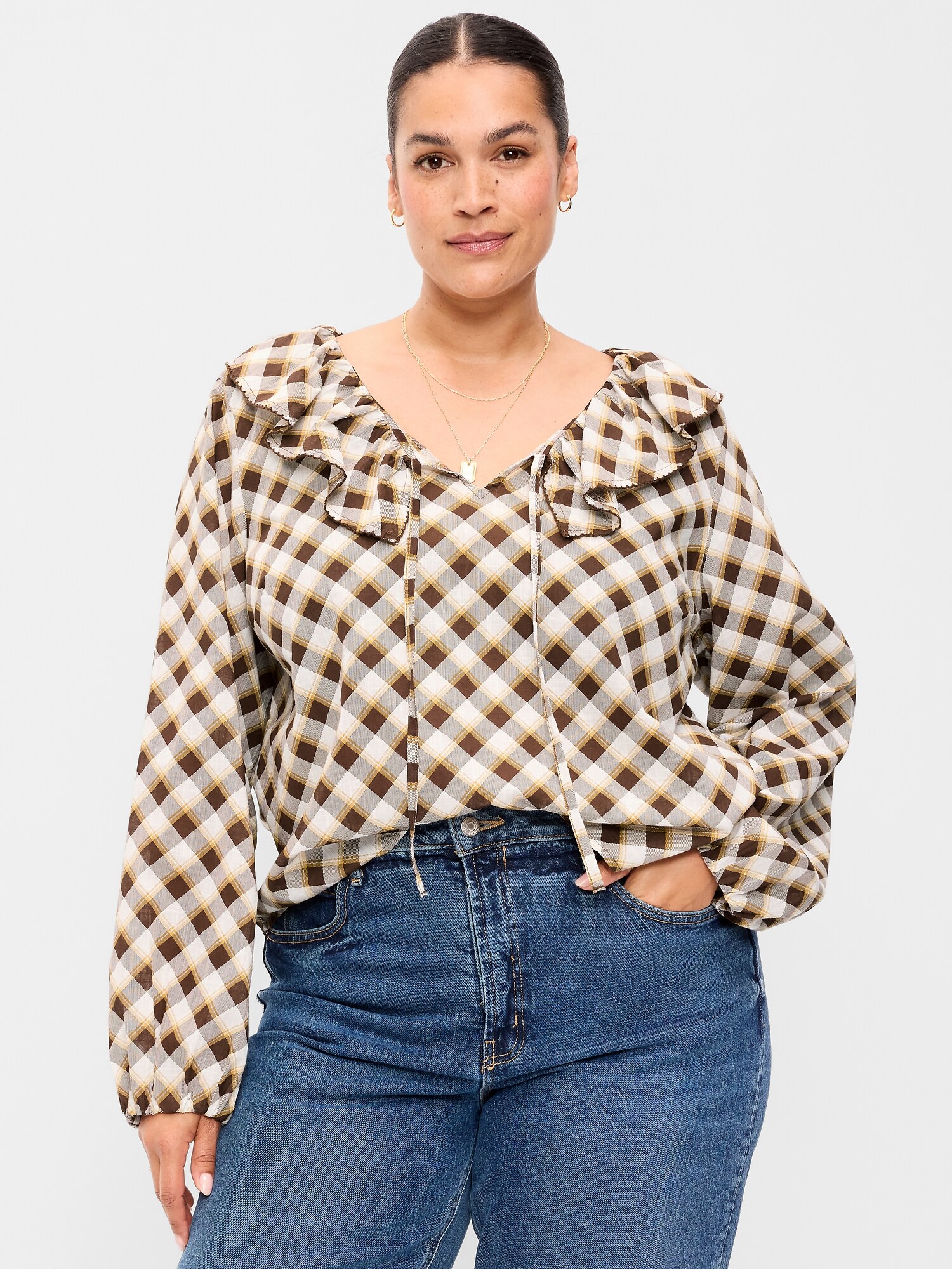 Женский топ Old Navy Long-Sleeve Ruffle Tie-Neck Top, цвет: Коричневый клетчатый — фото 5
