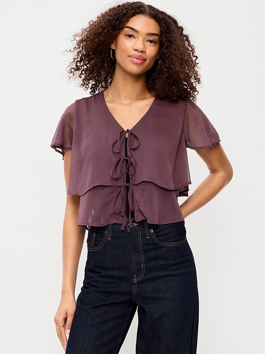 Image number 1 showing, Chiffon Tie-Front Flutter-Sleeve Top
