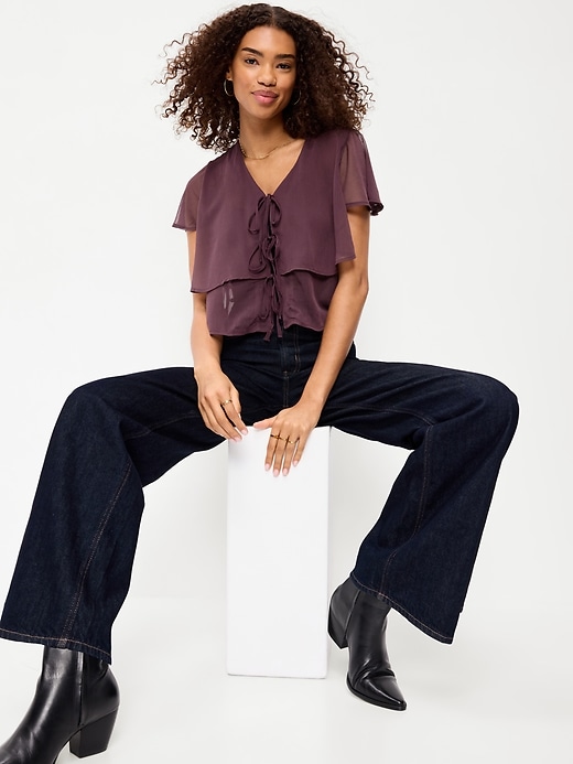 Image number 3 showing, Chiffon Tie-Front Flutter-Sleeve Top