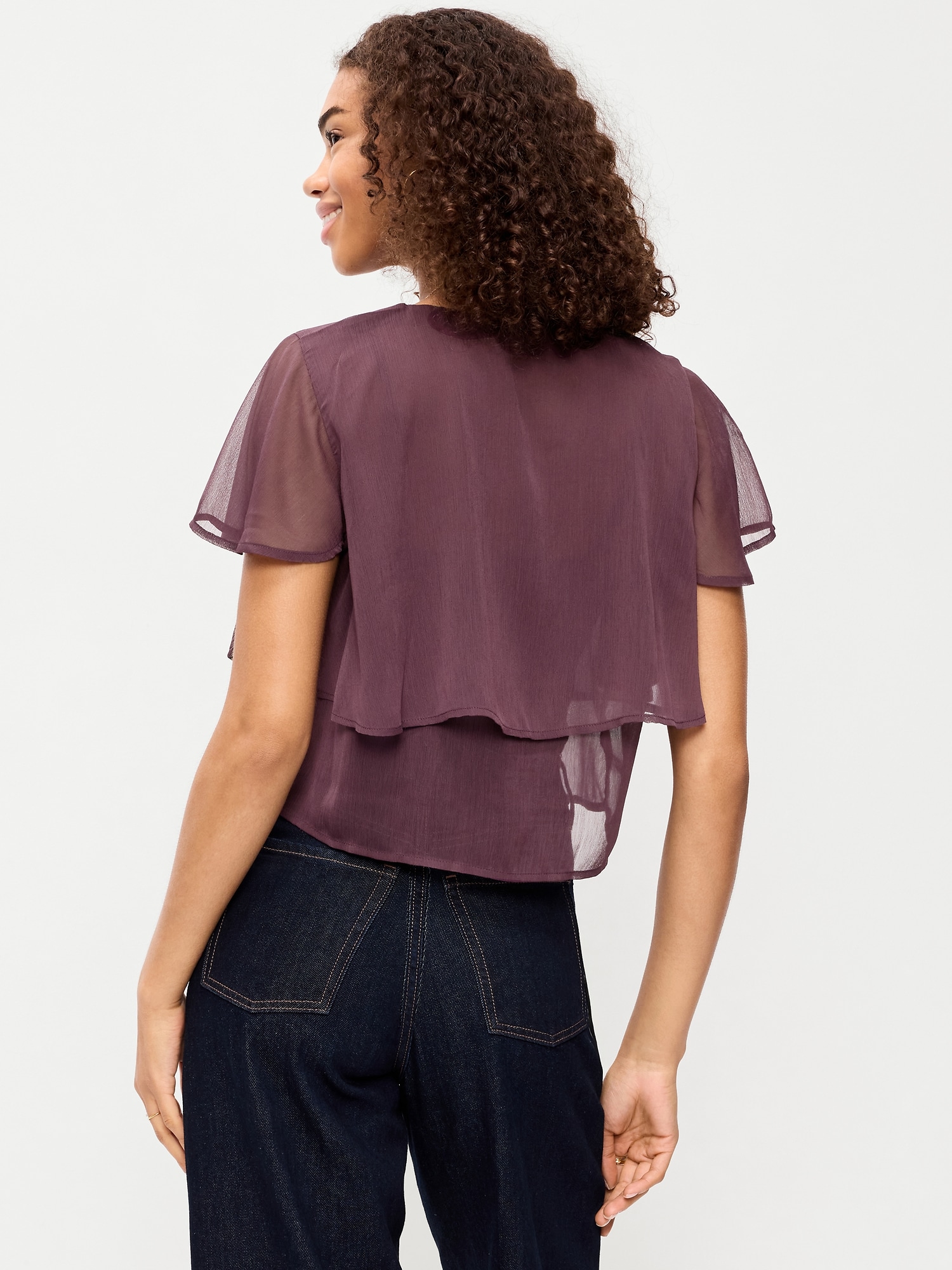 Chiffon Tie-Front Flutter-Sleeve Top