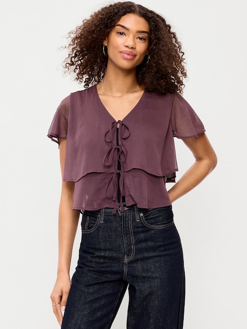 Chiffon Tie-Front Flutter-Sleeve Top