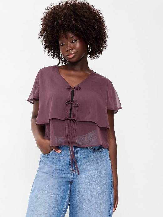 Image number 5 showing, Chiffon Tie-Front Flutter-Sleeve Top