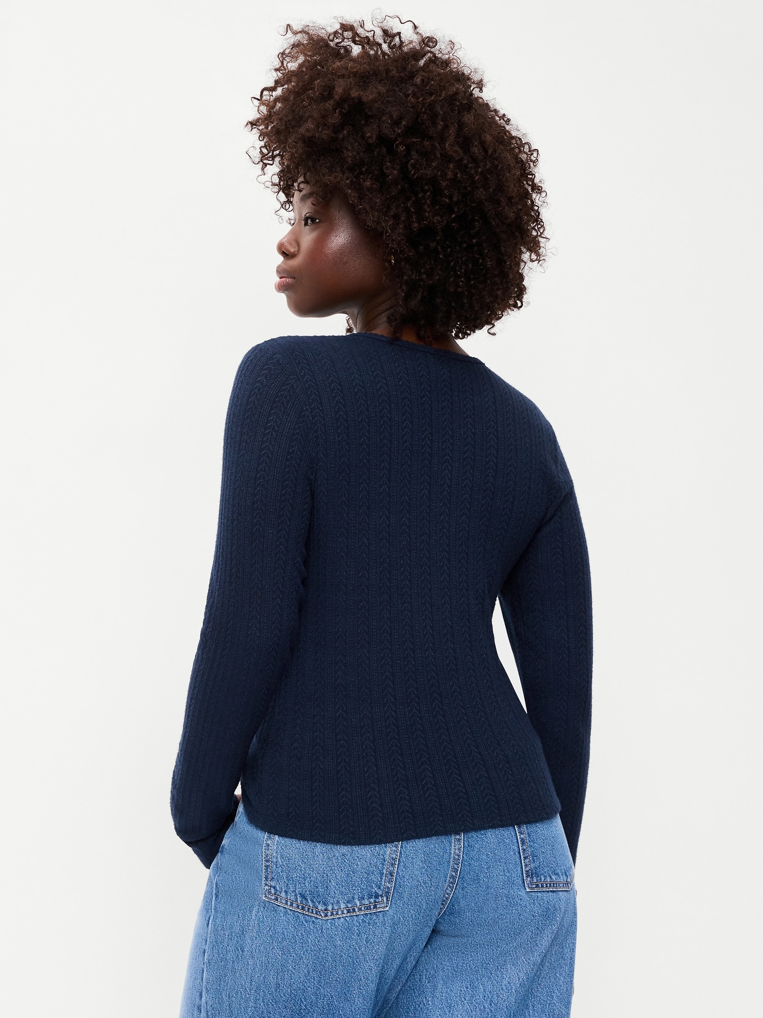 Long-Sleeve Button-Front Pointelle Top