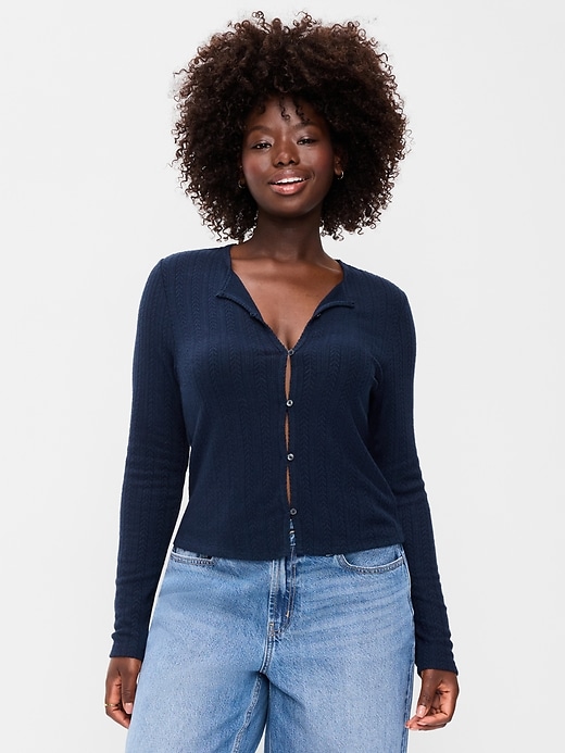 Image number 5 showing, Long-Sleeve Button-Front Pointelle Top