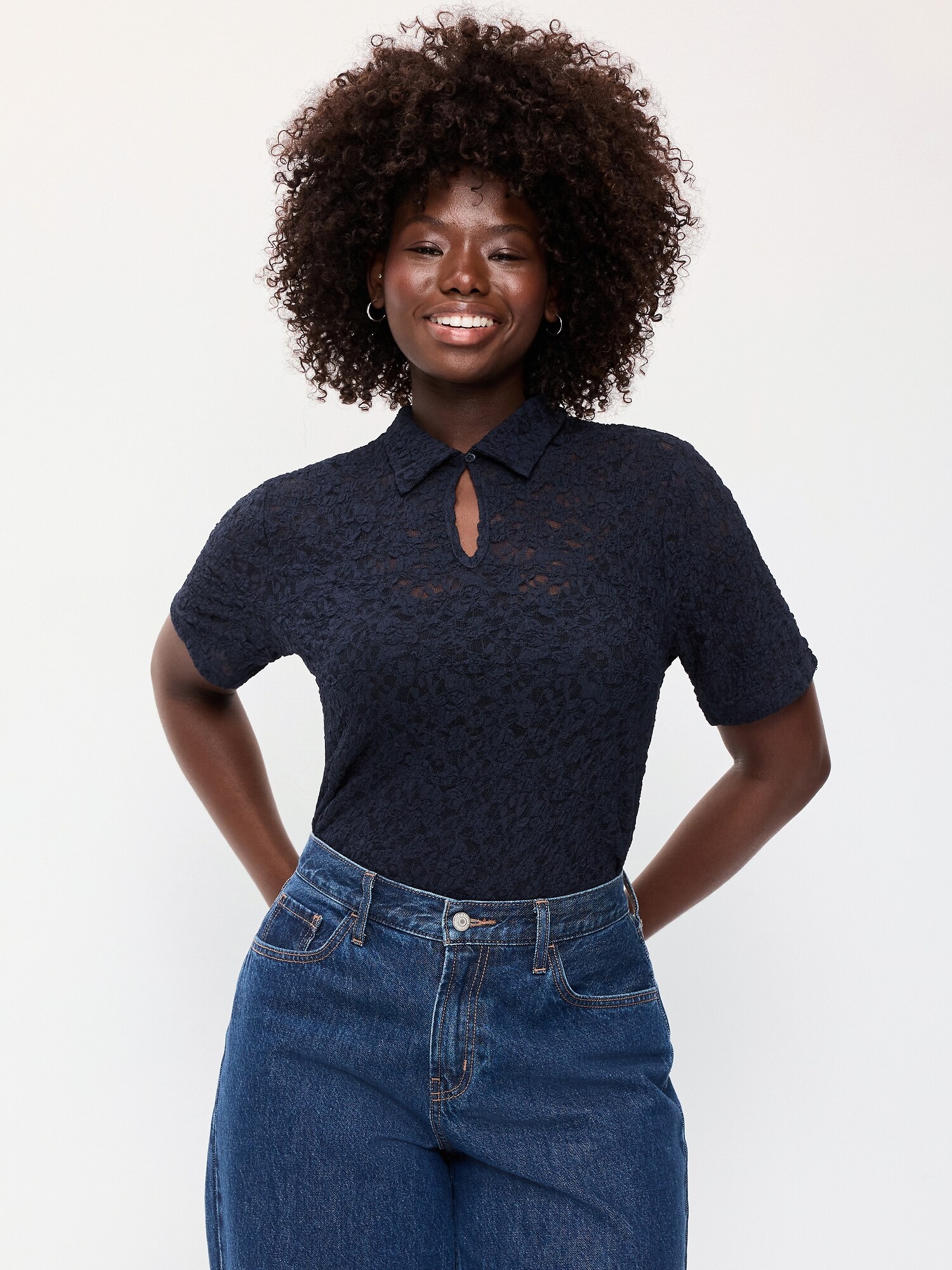 Женский топ Old Navy Lace Keyhole Polo Top, цвет: Тёмно-синий — фото 6