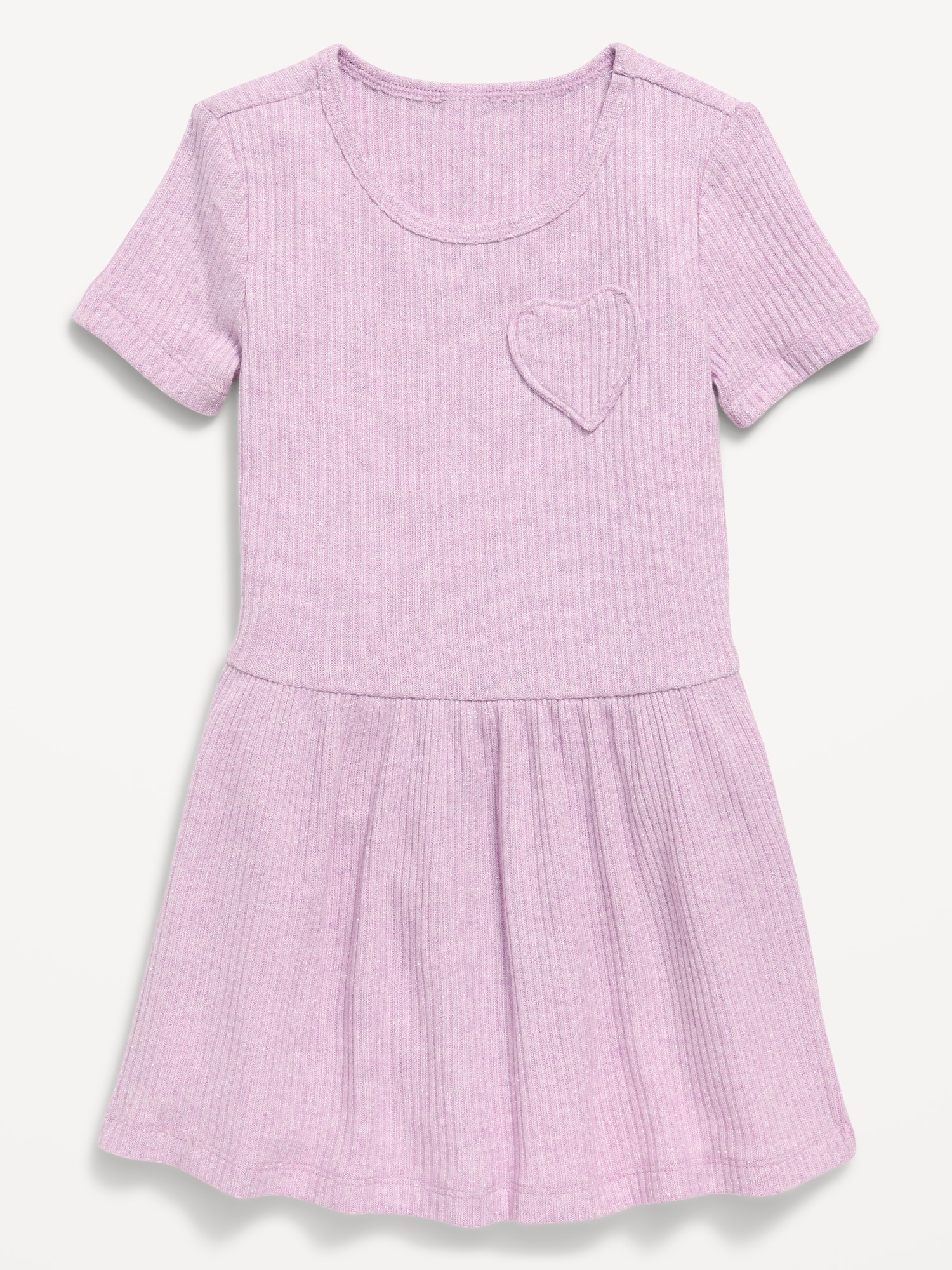 Short-Sleeve Ribbed Heart Pocket Dress for Toddler Girls