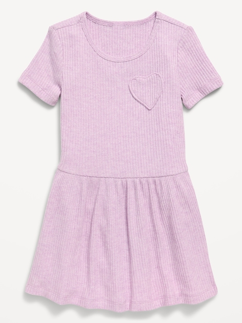 Short-Sleeve Ribbed Heart Pocket Dress for Toddler Girls