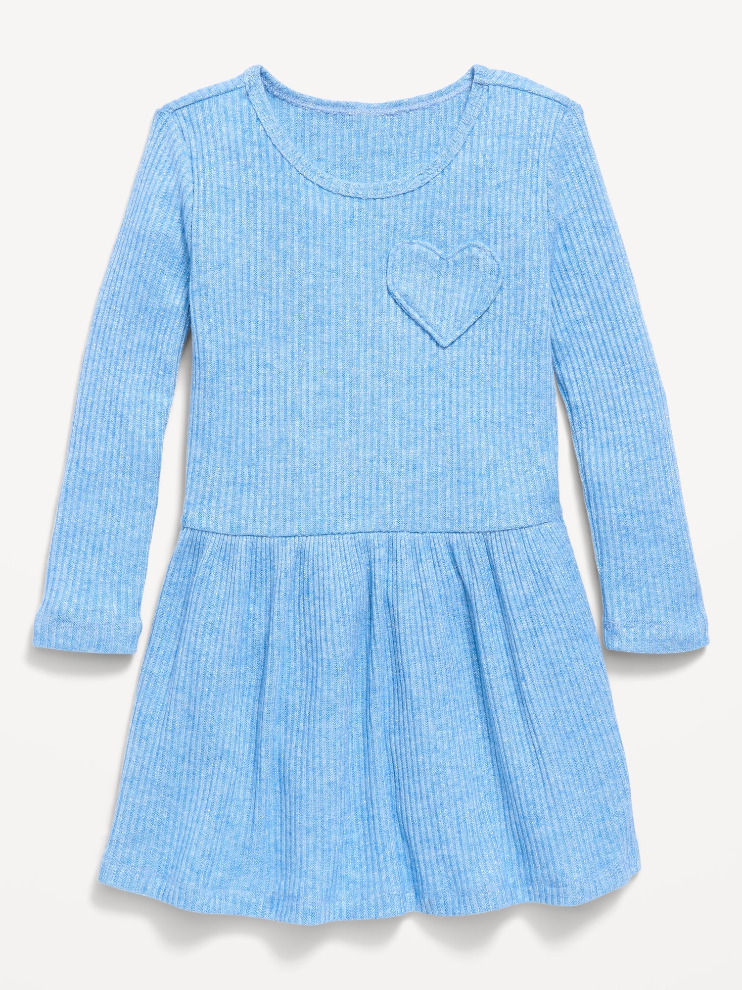 Long-Sleeve Ribbed Heart Pocket Dress for Toddler Girls