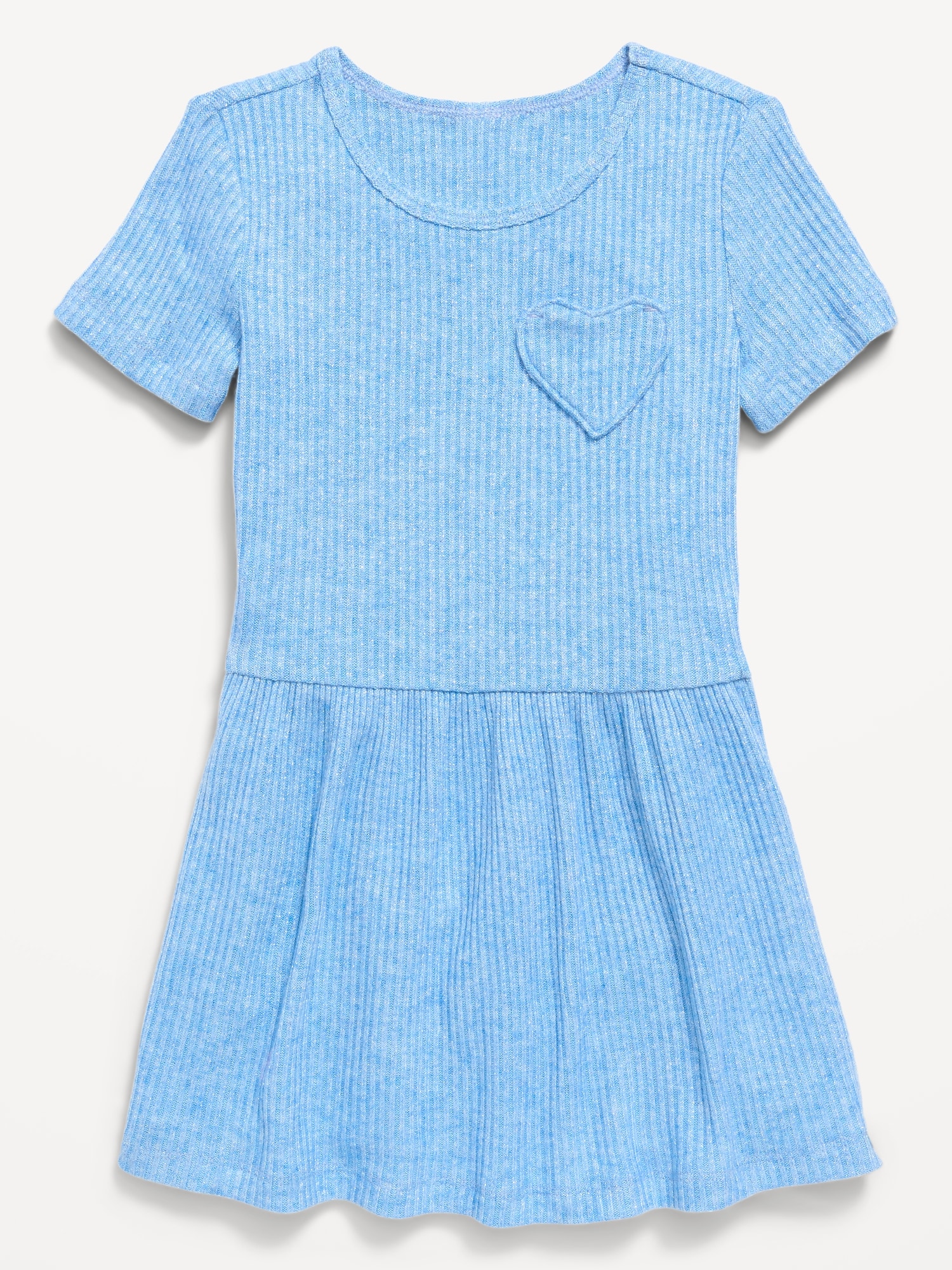 Short-Sleeve Ribbed Heart Pocket Dress for Toddler Girls