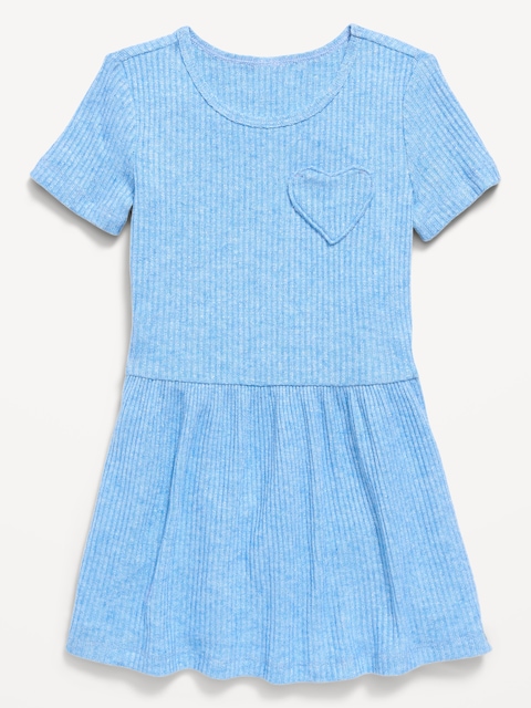 Short-Sleeve Ribbed Heart Pocket Dress for Toddler Girls