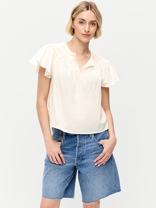 Image number 1 showing, Short-Sleeve Embroidered Trousseau Top