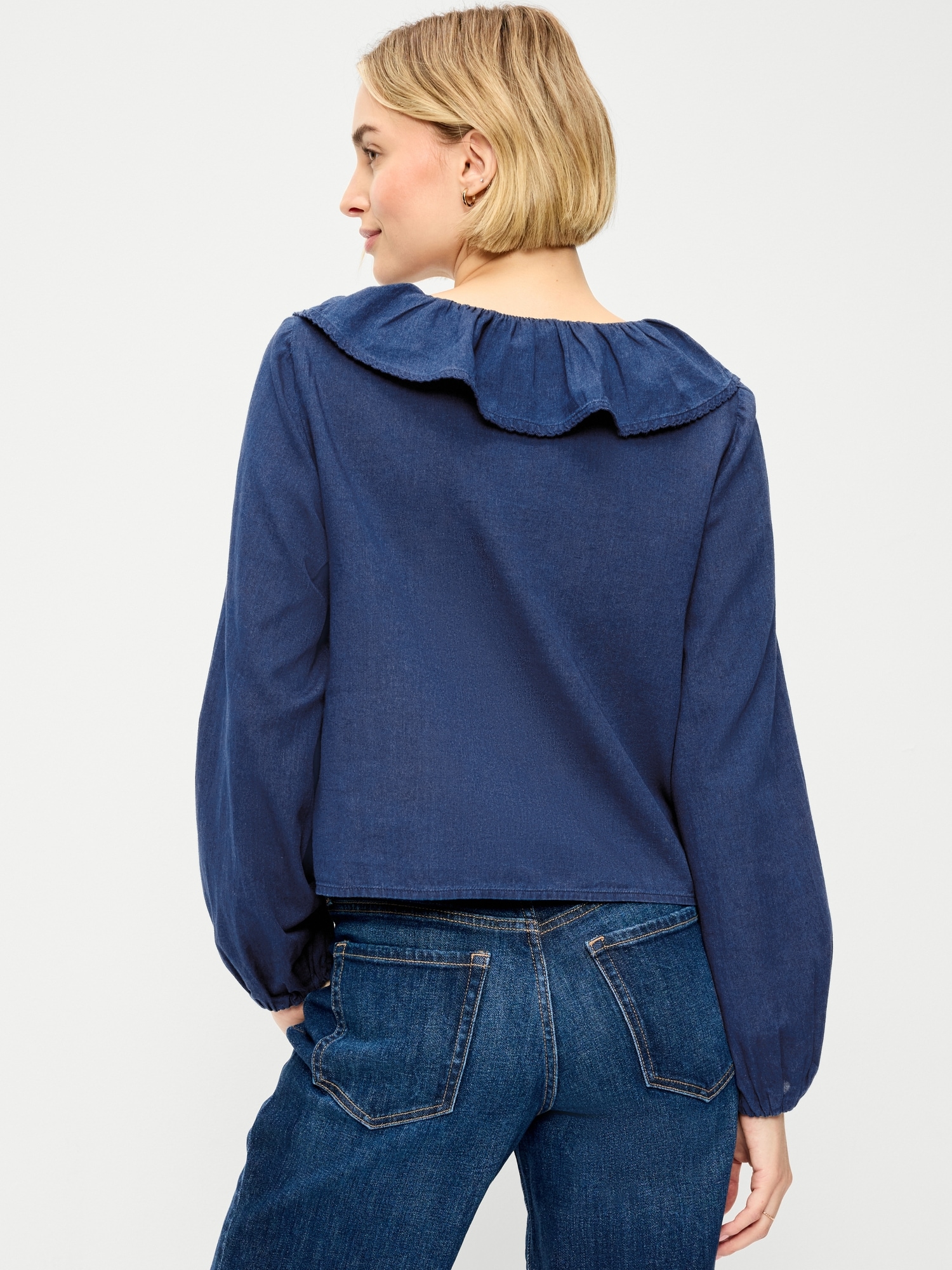 Long-Sleeve Ruffle Tie-Neck Top