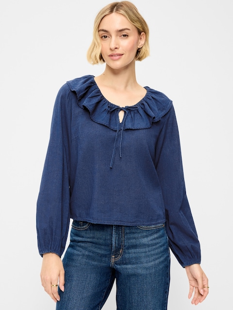 Long-Sleeve Ruffle Tie-Neck Top