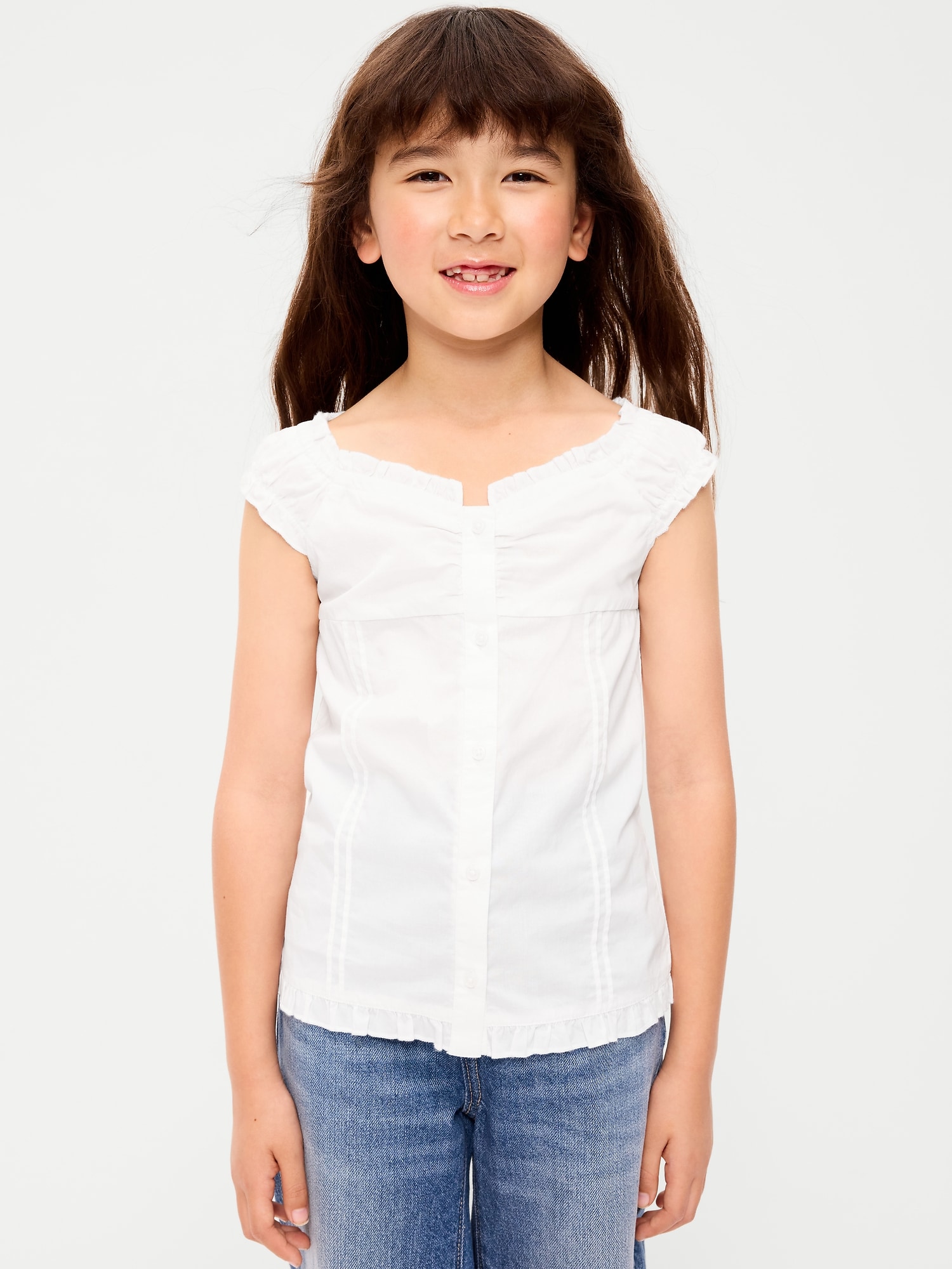 Short-Sleeve Sweetheart-Neck Button-Front Top for Girls