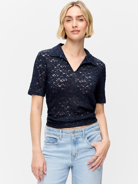 Lace Keyhole Polo Top