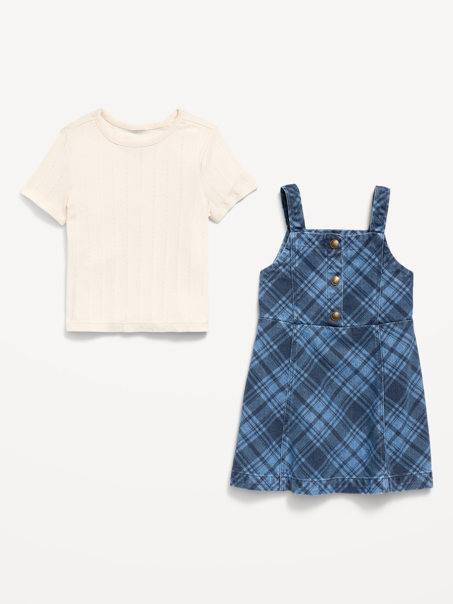 Sleeveless Plaid Denim Dress and T-Shirt Set for Toddler Girls