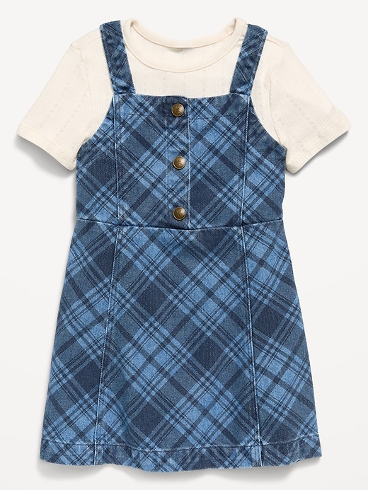 Image number 2 showing, Sleeveless Plaid Denim Dress and T-Shirt Set for Toddler Girls