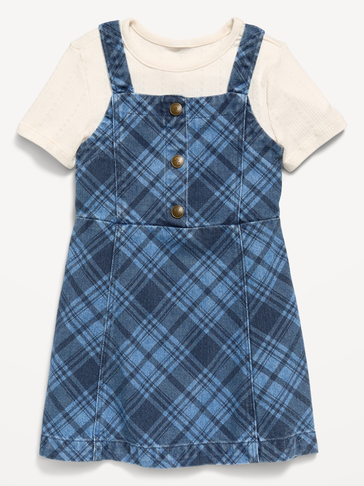 Sleeveless Plaid Denim Dress and T-Shirt Set for Toddler Girls
