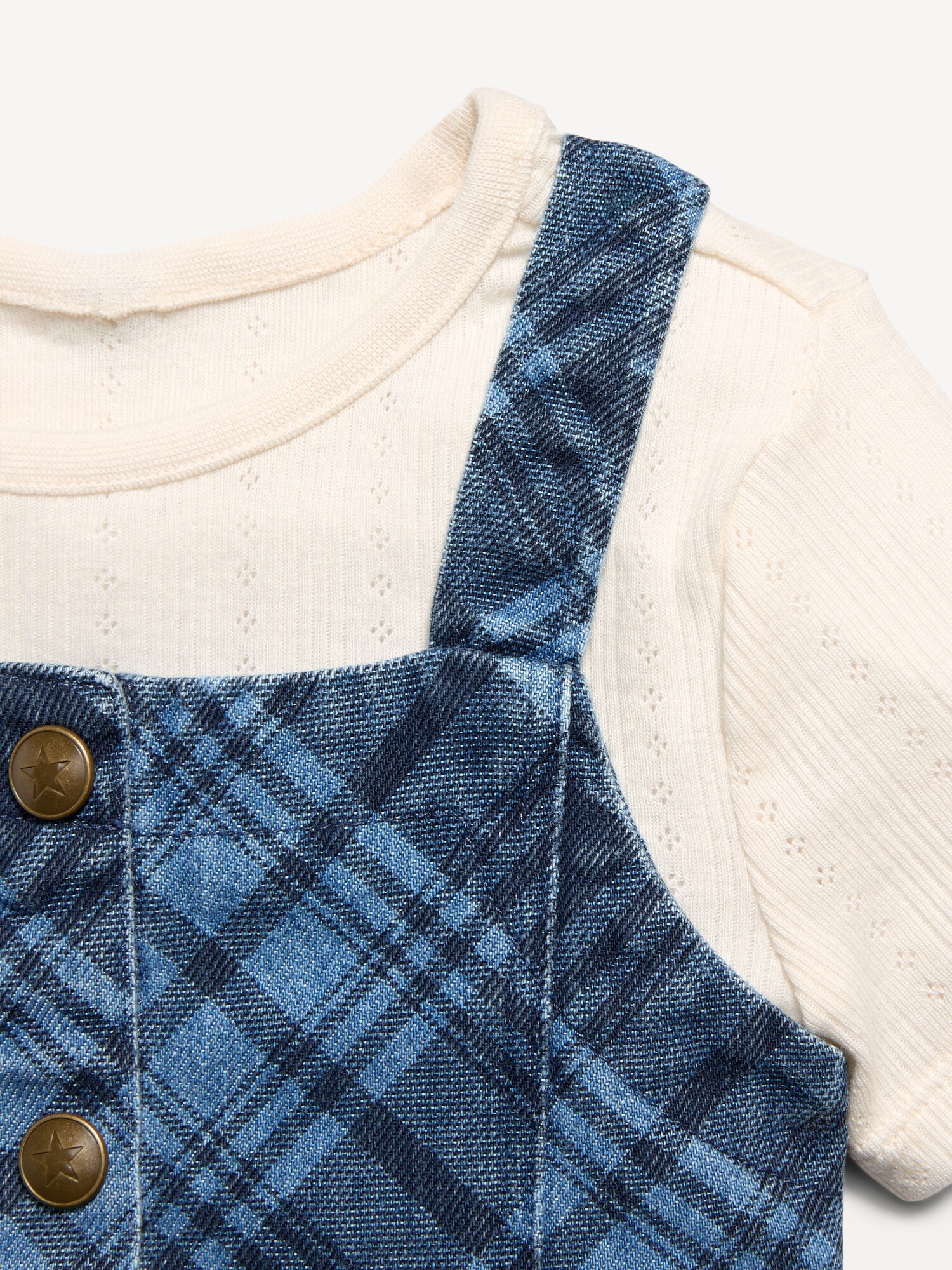 Комплект для малышек Old Navy: джинсовое платье в клетку без рукавов и футболка, цвет: Синий клетчатый — фото 4