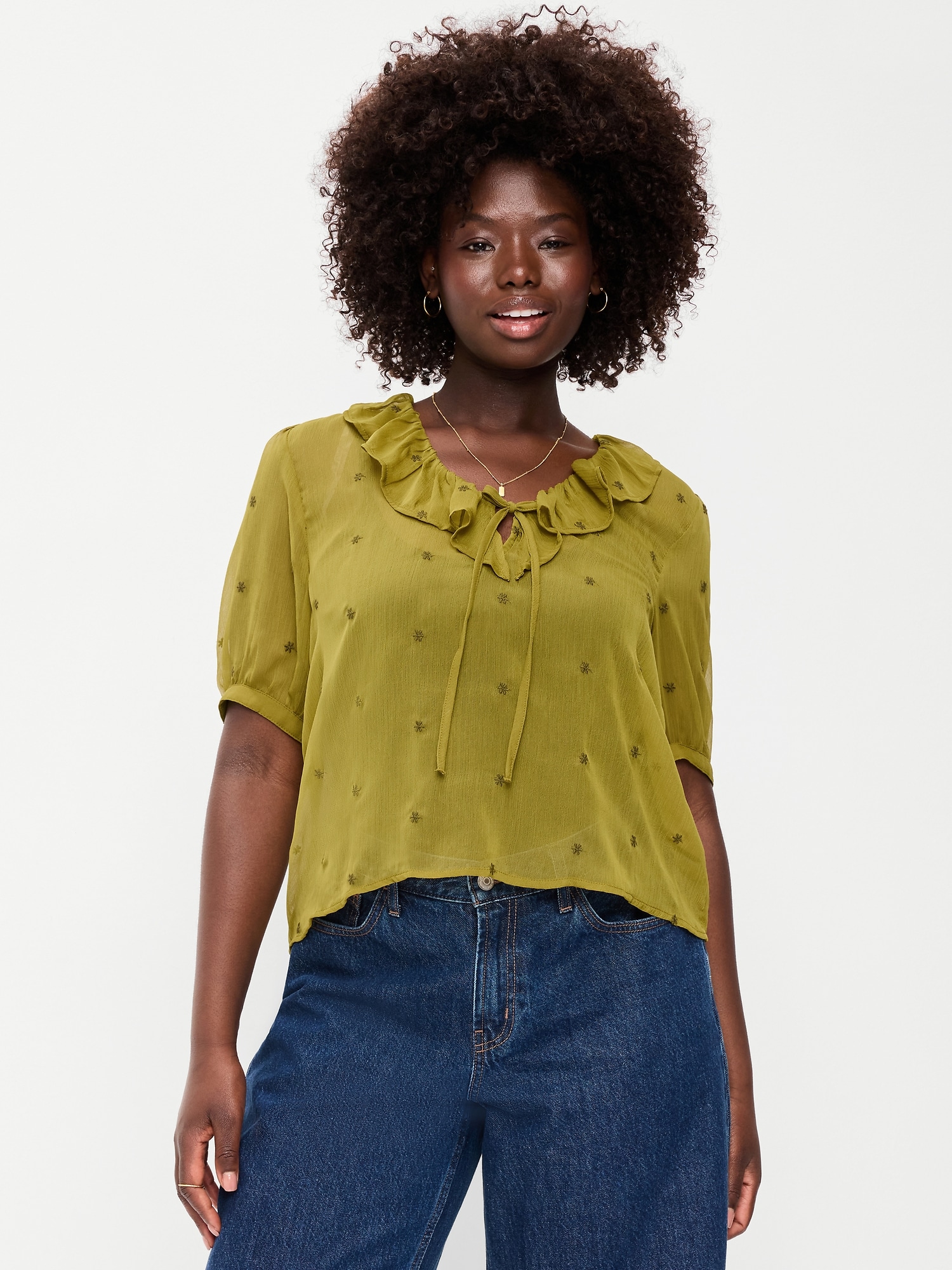 Short-Sleeve Embroidered Chiffon Top