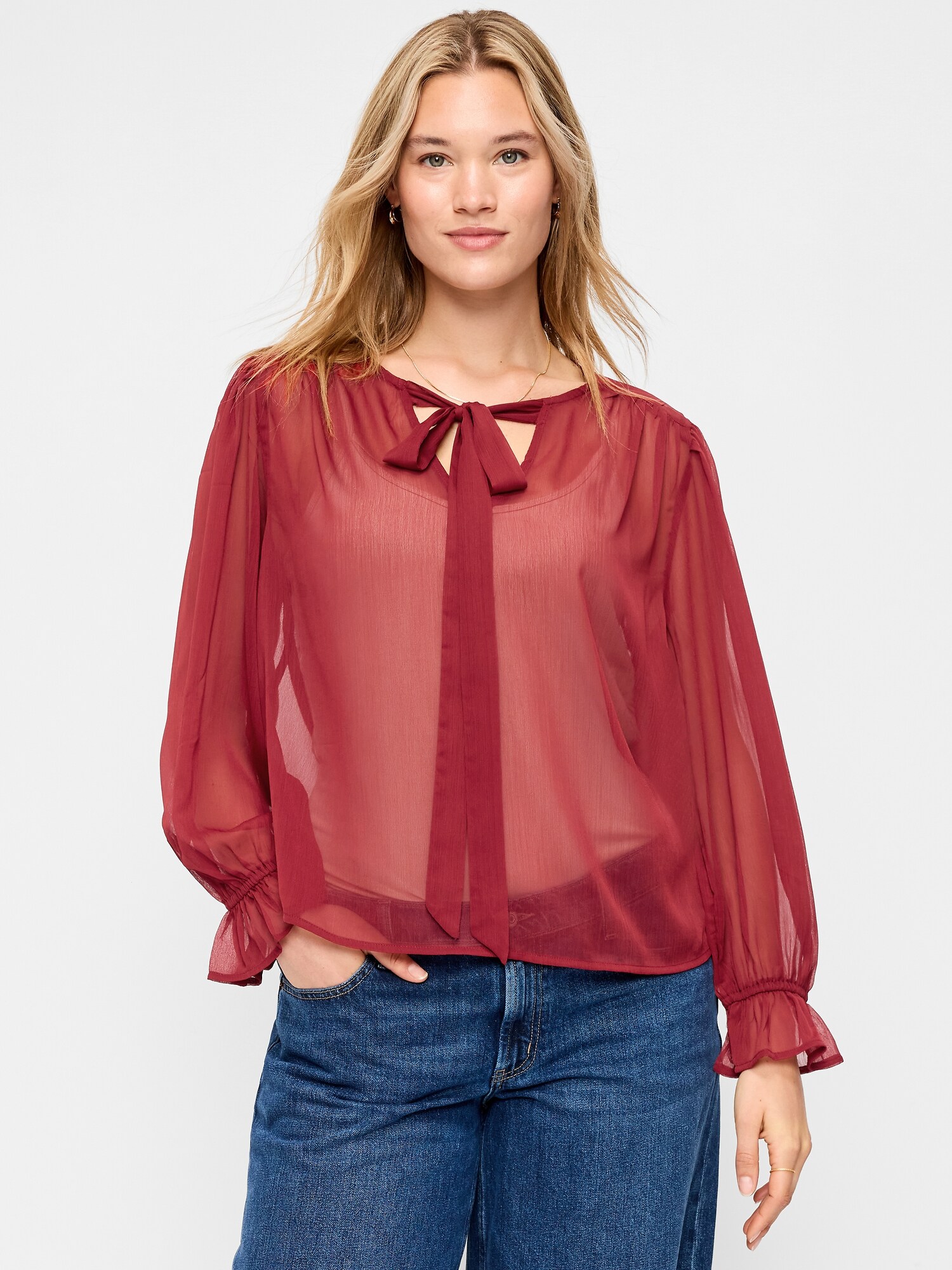 Женский топ Old Navy Long-Sleeve Chiffon Tie-Front Top, цвет: Emberglow — фото 5