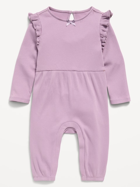 Long-Sleeve Ribbed Ruffle-Trim Jumpsuit for Baby
