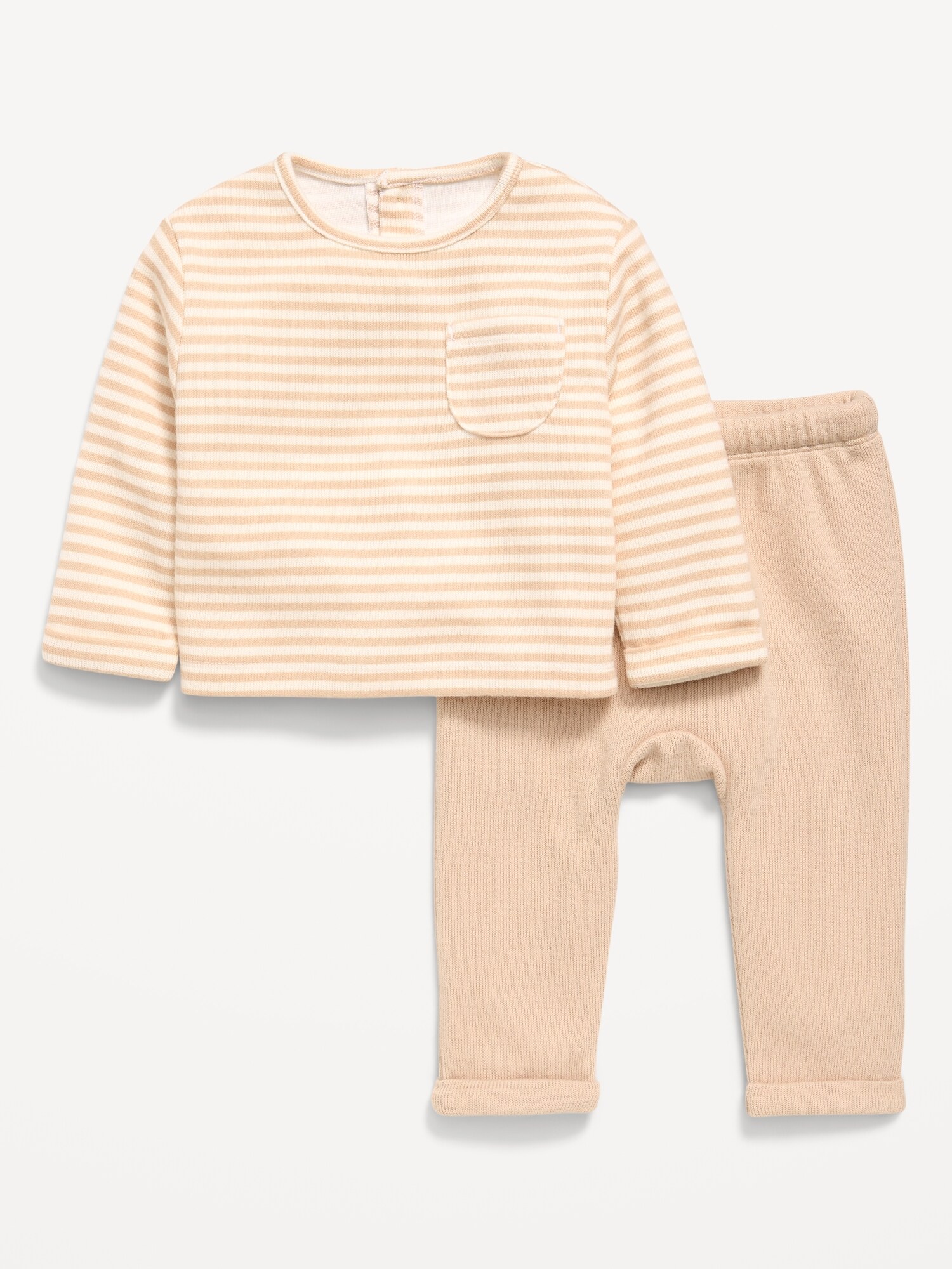 Long-Sleeve Ribbed Pocket T-Shirt and Pants Set for Baby