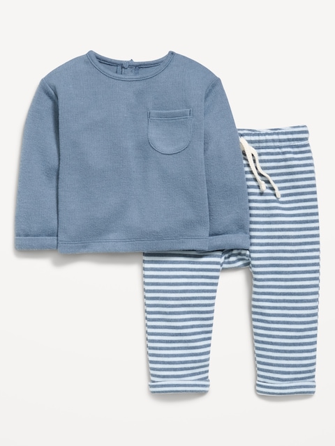 Long-Sleeve Ribbed Pocket T-Shirt and Pants Set for Baby