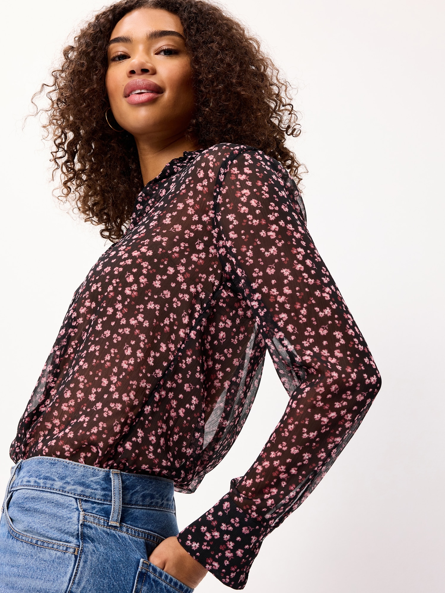 Airy Long-Sleeve Button-Down Top