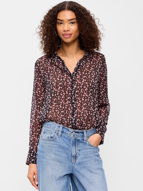 Sheer Chiffon Button-Down Shirt