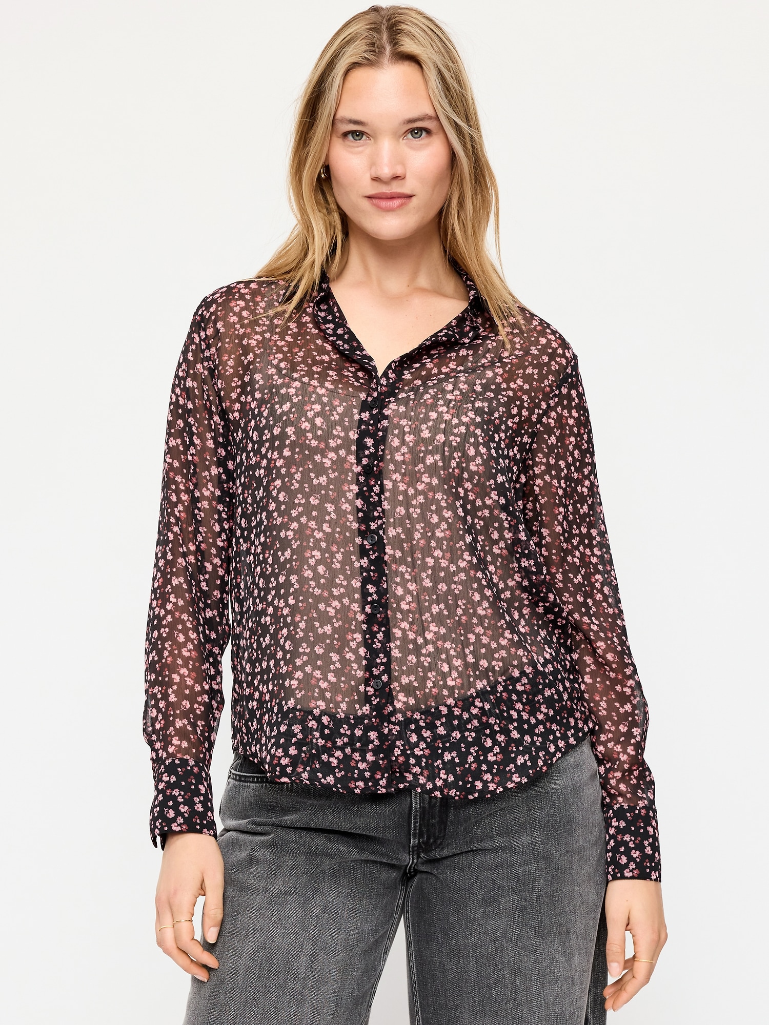 Airy Long-Sleeve Button-Down Top